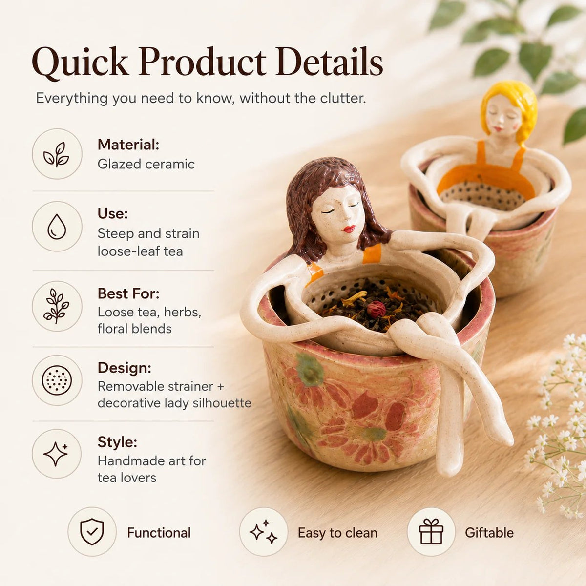 ☕🌿Whimsical Sitting Lady Ceramic Tea Strainer Collection