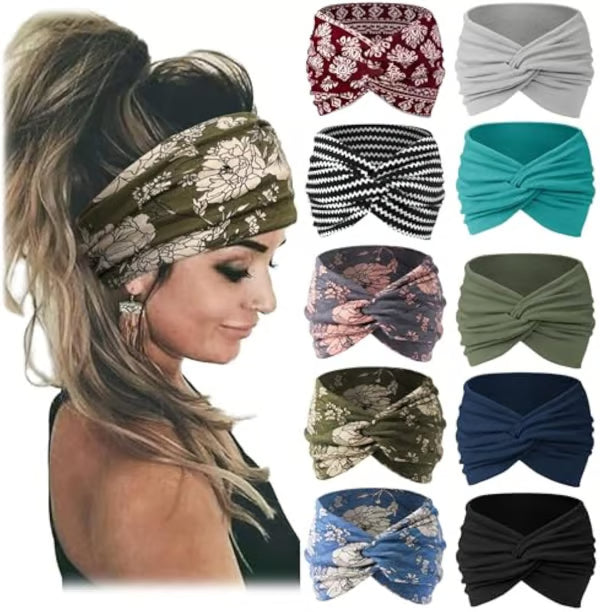 10 Pack Wide Knotted Turban Headbands for Women