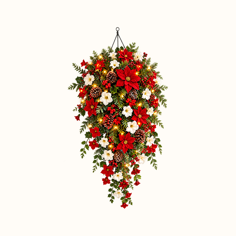 🎄Cascading Christmas Wreath -- Warm Lights, Red & White Blooms, Instant Focal Point