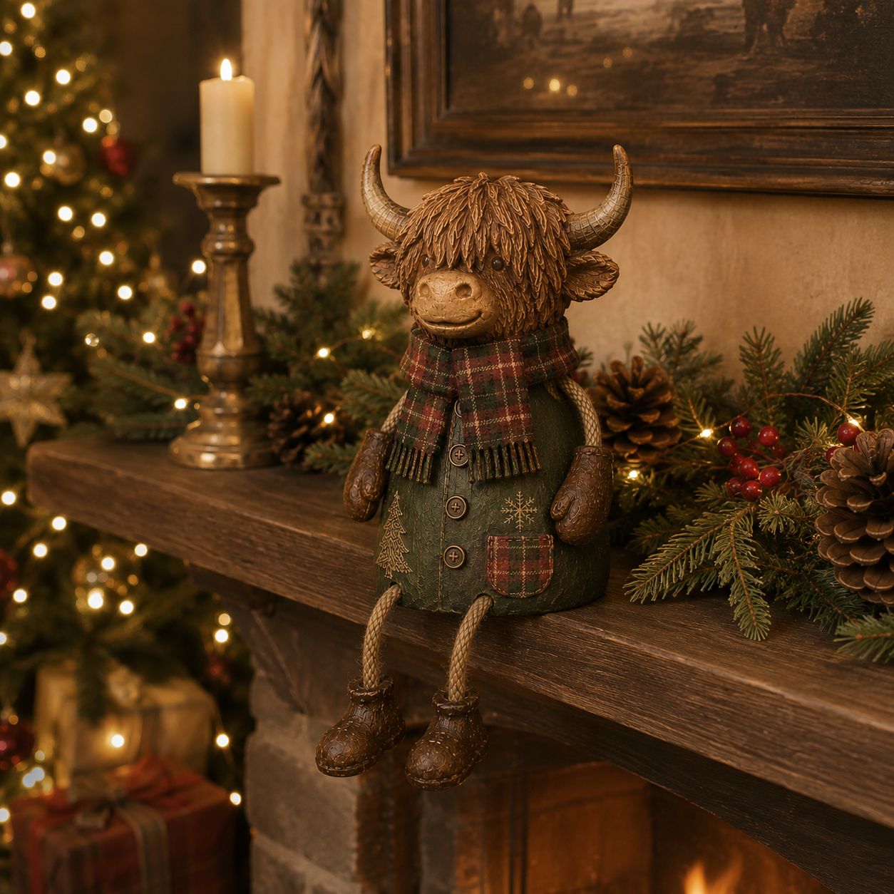 Festive Highland Cow Shelf Sitter – Rustic Christmas Home Decor