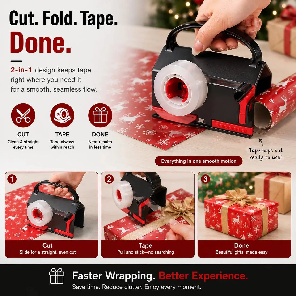2-in-1 Wrapping Paper Cutter & Tape Dispenser - Faster Gift Wrapping Tool