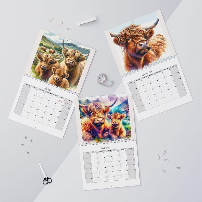 🐮Kalendarz Highland Cow 2026 – rustykalna dekoracja ścienna w stylu rustykalnym i miesięczny planner📅
