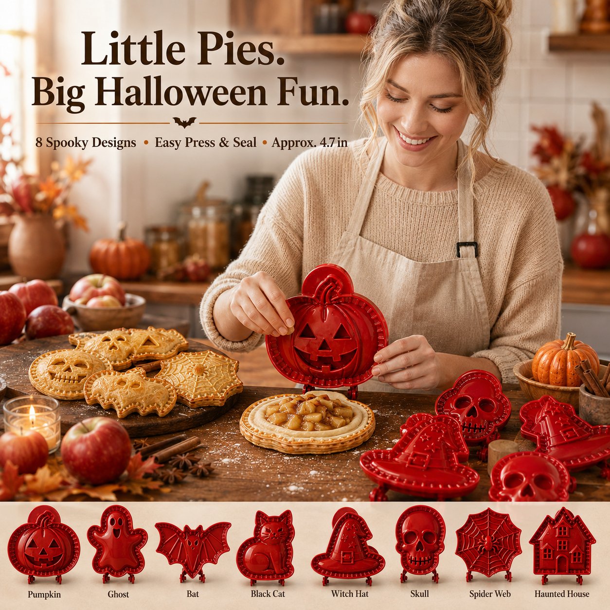 🎃 Halloween Mini Pie Mold Set – 8 Spooky Designs for Easy Festive Baking