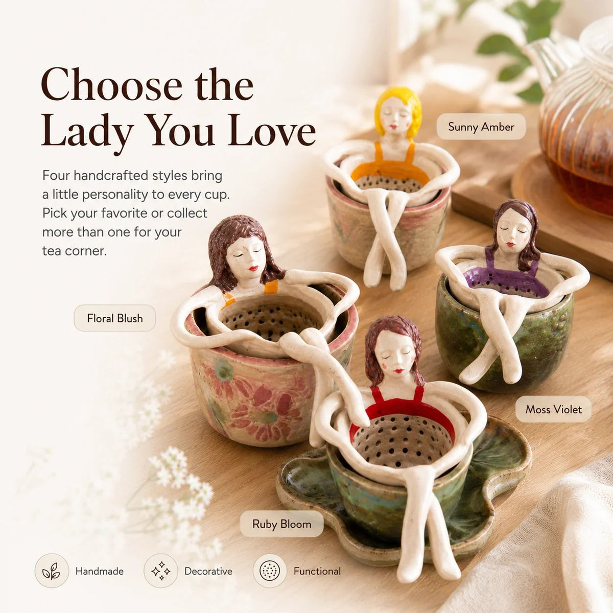 ☕🌿Whimsical Sitting Lady Ceramic Tea Strainer Collection