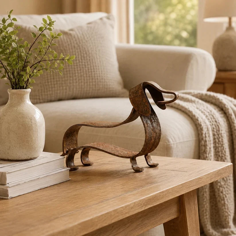 Rustic Dachshund Metal Garden Sculpture | Weathered Sausage Dog Outdoor Ornament for Patio & Lawn
