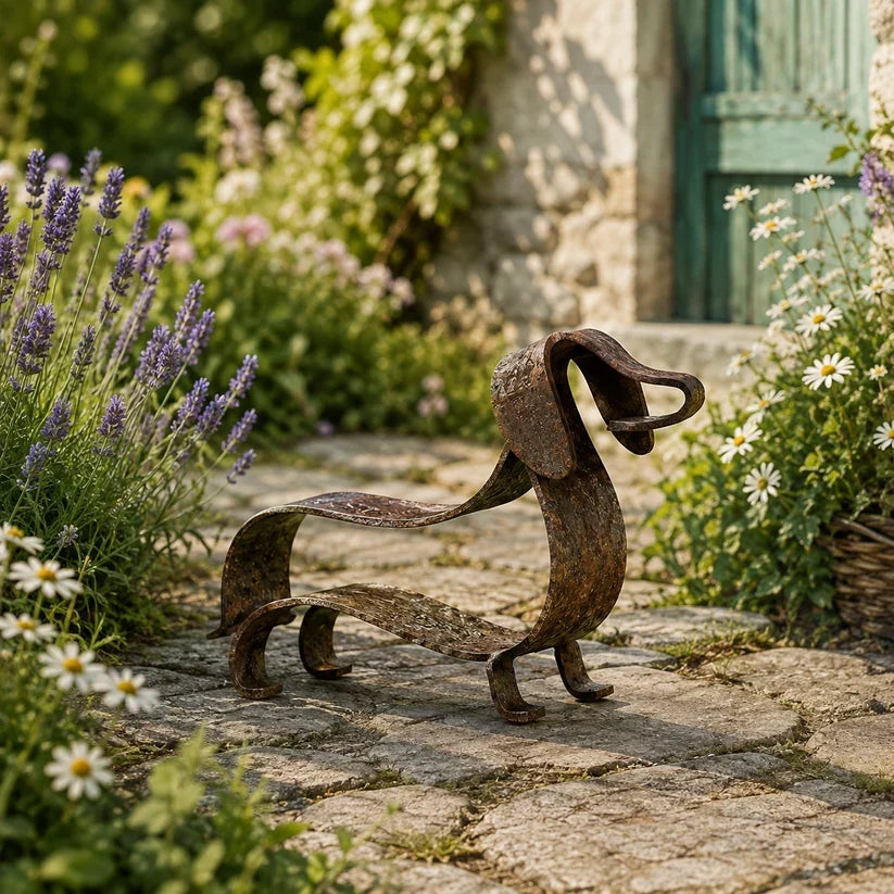 Rustic Dachshund Metal Garden Sculpture | Weathered Sausage Dog Outdoor Ornament for Patio & Lawn