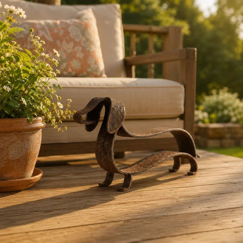 Rustic Dachshund Metal Garden Sculpture | Weathered Sausage Dog Outdoor Ornament for Patio & Lawn