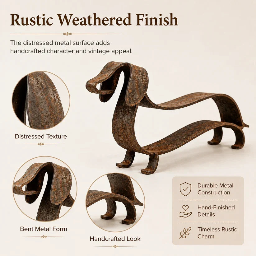 Rustic Dachshund Metal Garden Sculpture | Weathered Sausage Dog Outdoor Ornament for Patio & Lawn