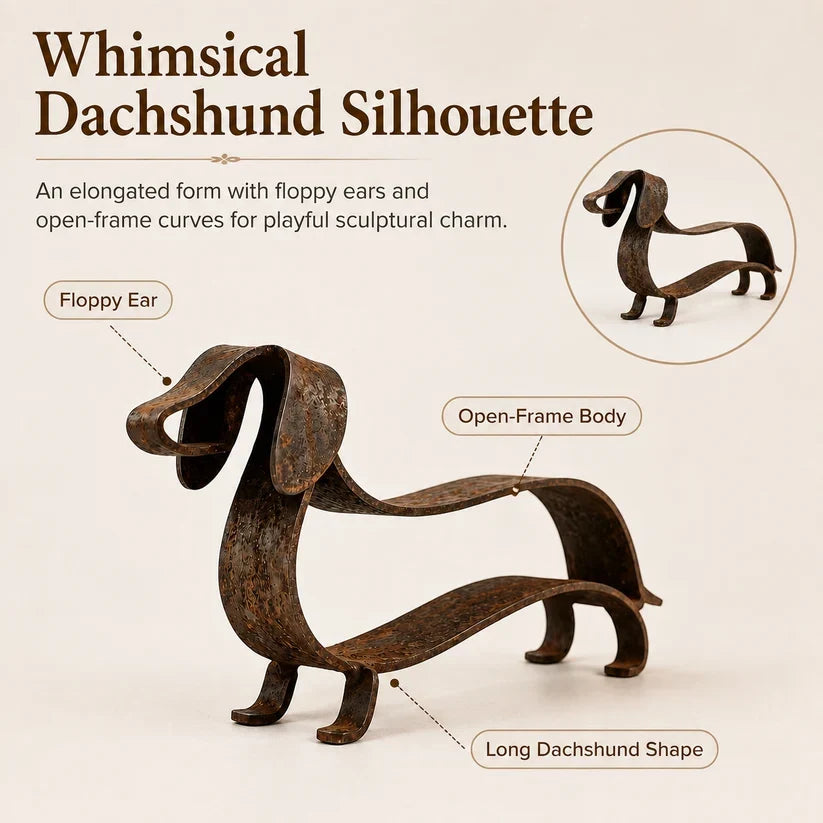 Rustic Dachshund Metal Garden Sculpture | Weathered Sausage Dog Outdoor Ornament for Patio & Lawn