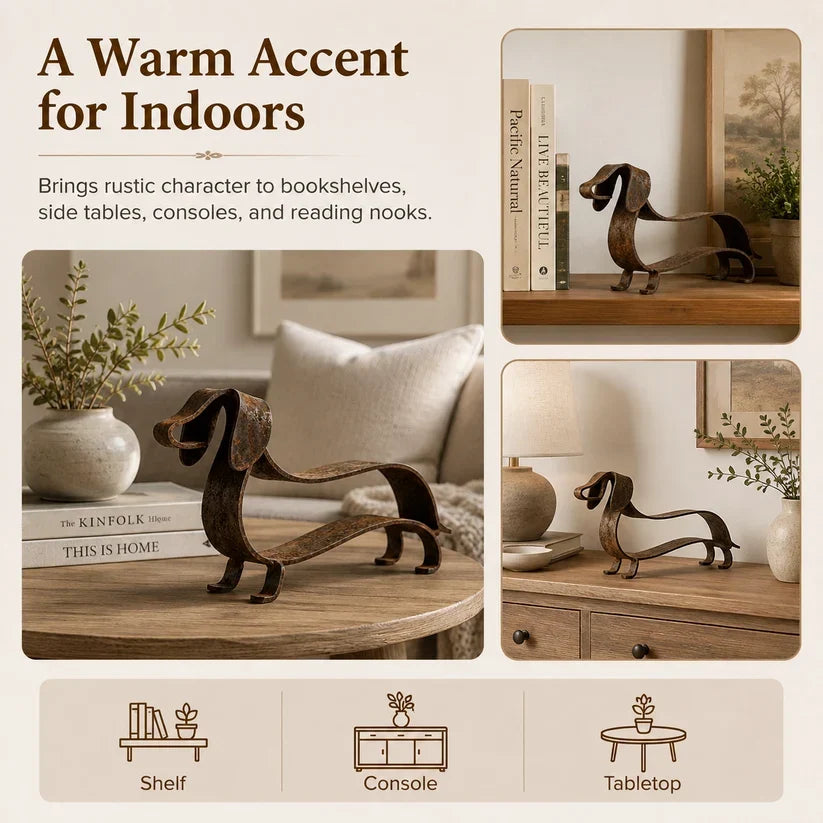 Rustic Dachshund Metal Garden Sculpture | Weathered Sausage Dog Outdoor Ornament for Patio & Lawn