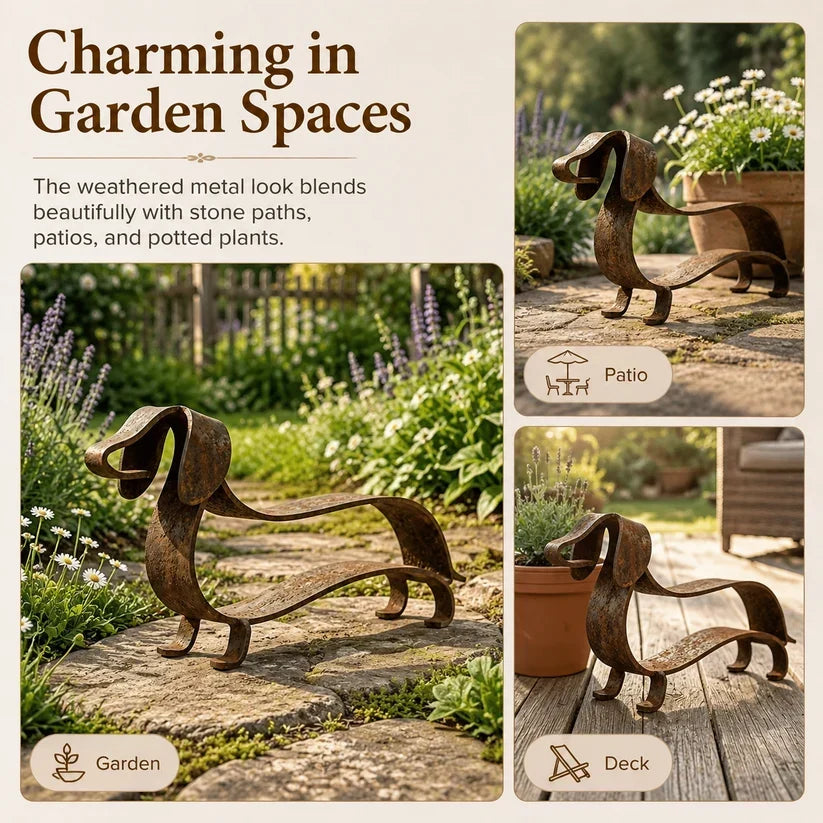 Rustic Dachshund Metal Garden Sculpture | Weathered Sausage Dog Outdoor Ornament for Patio & Lawn