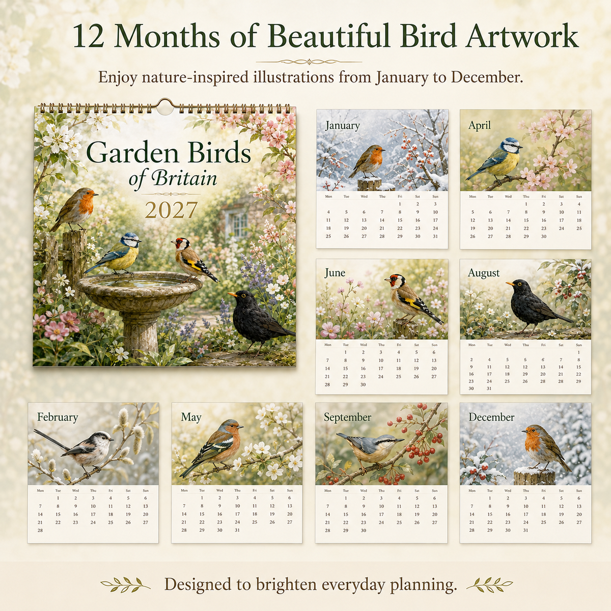 Garden Birds of Britain 2027 Wall Calendar – 12 Months of Charming British Garden Bird Artwork