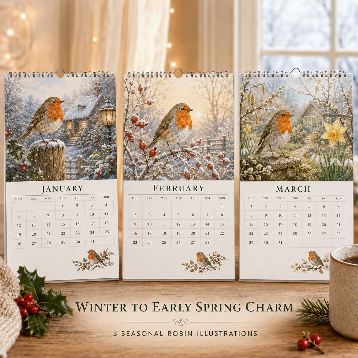 2027 Robin Seasons Calendar – British Countryside Garden Bird Wall Calendar & Gift for Bird Lovers