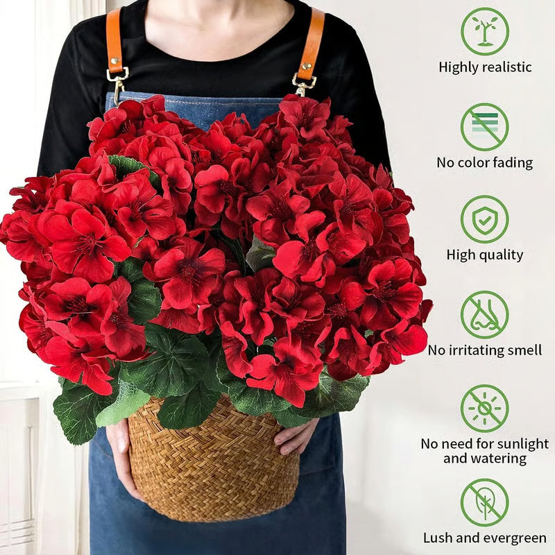 UV Resistant Artificial Geraniums – Outdoor Red Faux Flowers for Patio, Garden & Home Decor
