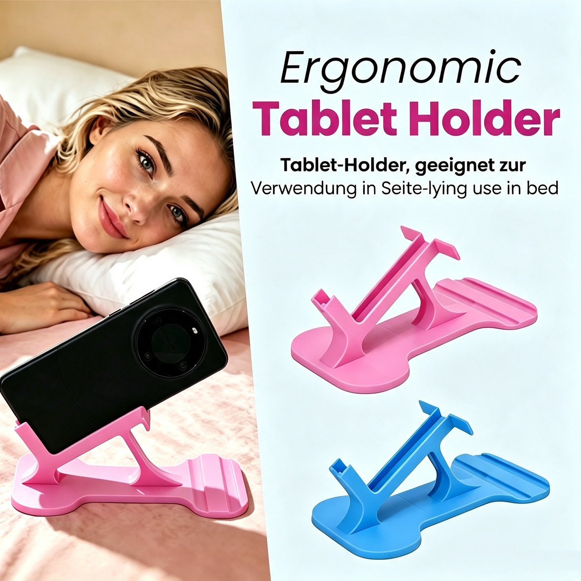 Ergonomic mobile phone and tablet stand for lying on your side in bed