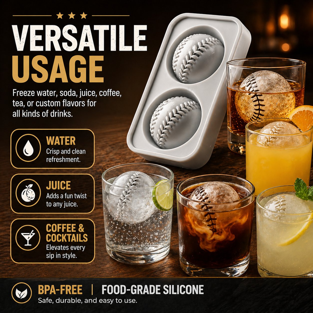 Baseball Ice Mold | Slow-Melting Silicone Sphere Tray for Whiskey, Cocktails & More