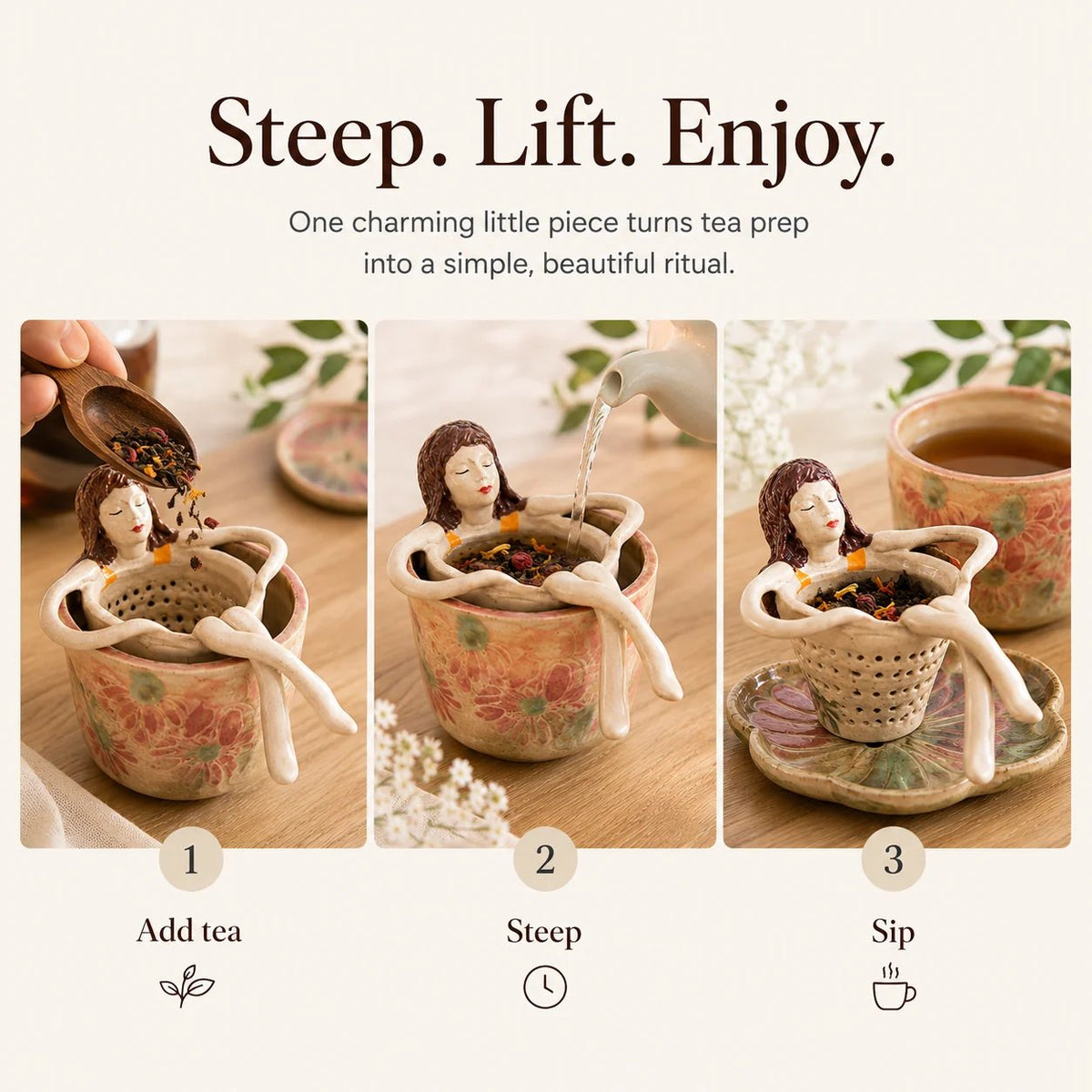 ☕🌿Whimsical Sitting Lady Ceramic Tea Strainer Collection