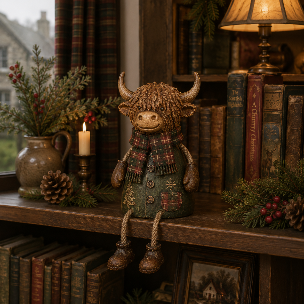 Festive Highland Cow Shelf Sitter – Rustic Christmas Home Decor