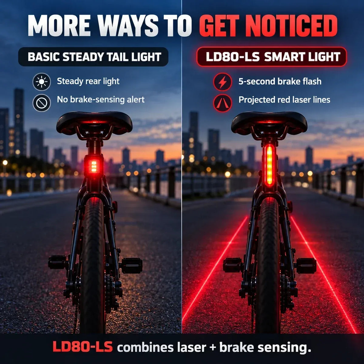 🚨 LED bicycle taillight with brake-activated flashing light | Laser Safety Zone, 22-hour battery life (includes two mounting brackets)