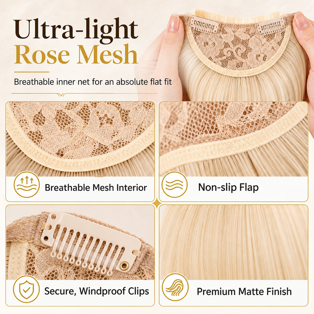 💇‍♀️ Artificial air-bangs with side sections & hair clip – synthetic front section for women, natural & versatile