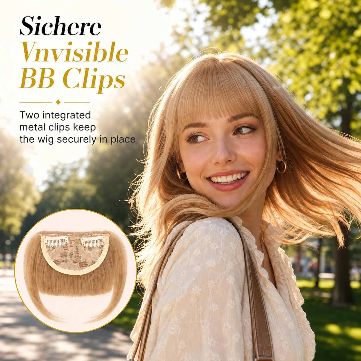 💇‍♀️ Artificial air-bangs with side sections & hair clip – synthetic front section for women, natural & versatile