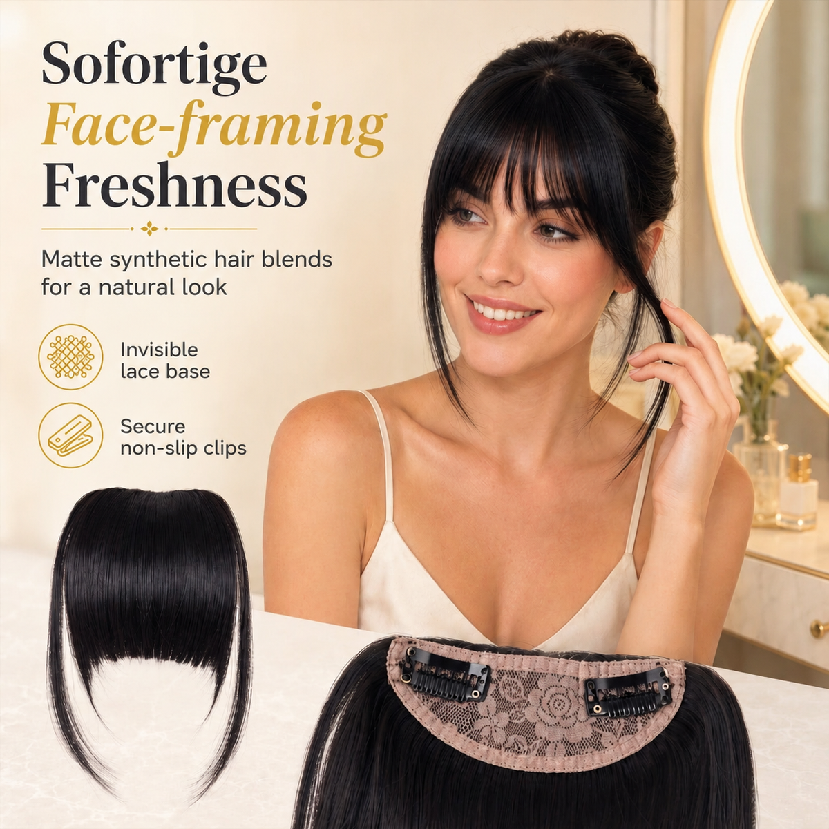 💇‍♀️ Artificial air-bangs with side sections & hair clip – synthetic front section for women, natural & versatile