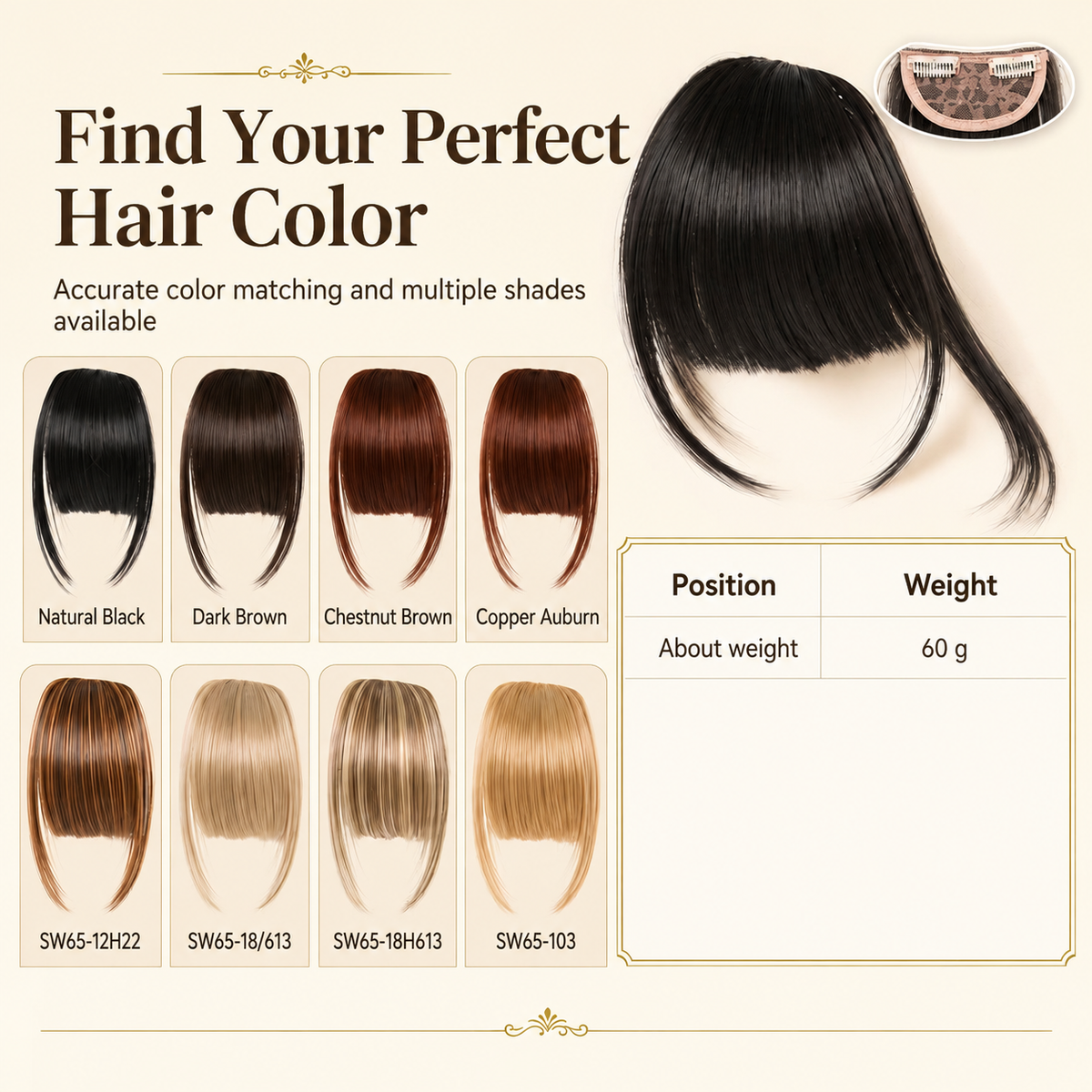💇‍♀️ Artificial air-bangs with side sections & hair clip – synthetic front section for women, natural & versatile