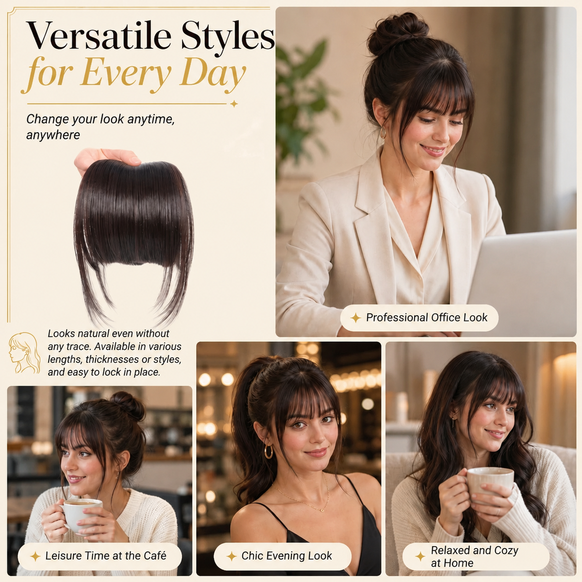💇‍♀️ Artificial air-bangs with side sections & hair clip – synthetic front section for women, natural & versatile