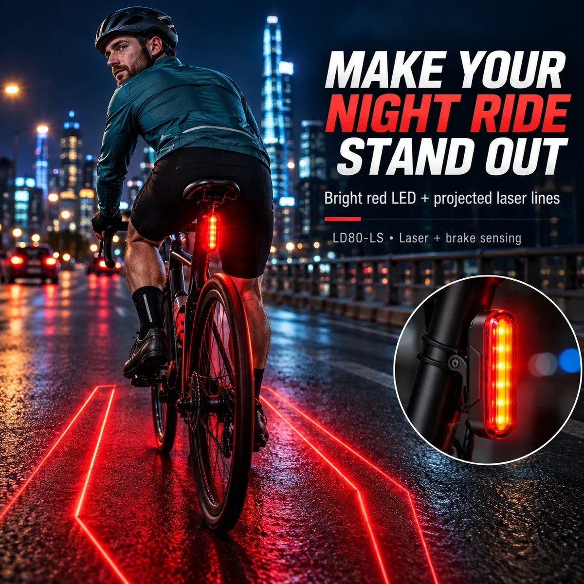 🚨 LED bicycle taillight with brake-activated flashing light | Laser Safety Zone, 22-hour battery life (includes two mounting brackets)
