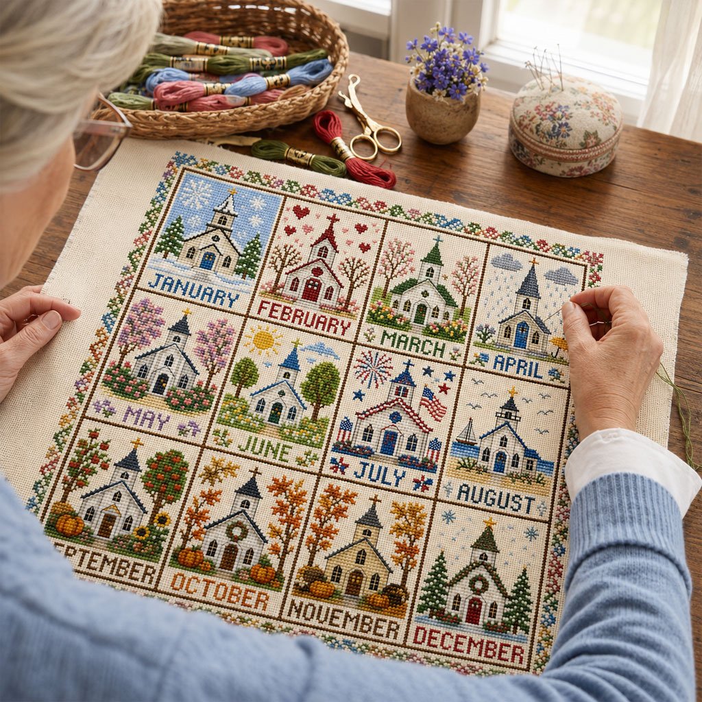 🔥LAST DAY48% OFF -🏡 12-Month Seasons & Holidays Cross Stitch Kit — Relaxing DIY Craft Project for Beginners & Craft Lovers