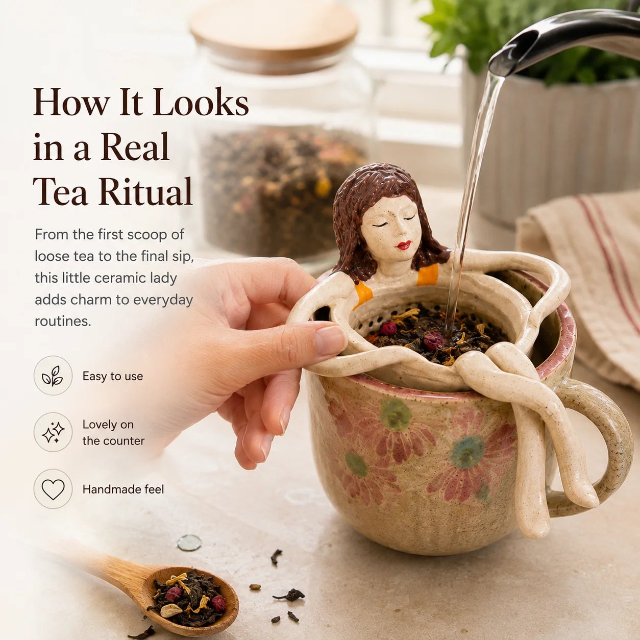 ☕🌿Whimsical Sitting Lady Ceramic Tea Strainer Collection