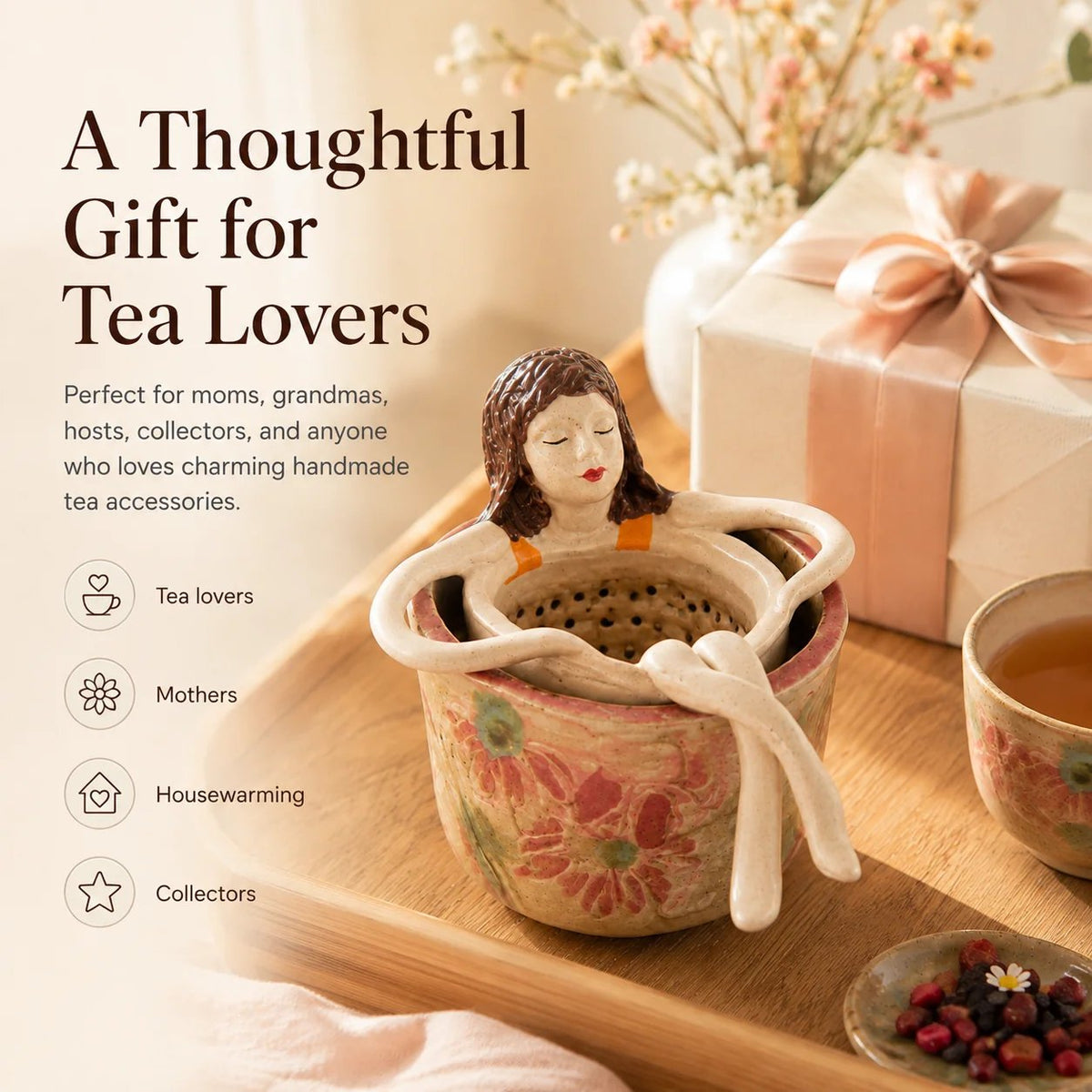 ☕🌿Whimsical Sitting Lady Ceramic Tea Strainer Collection
