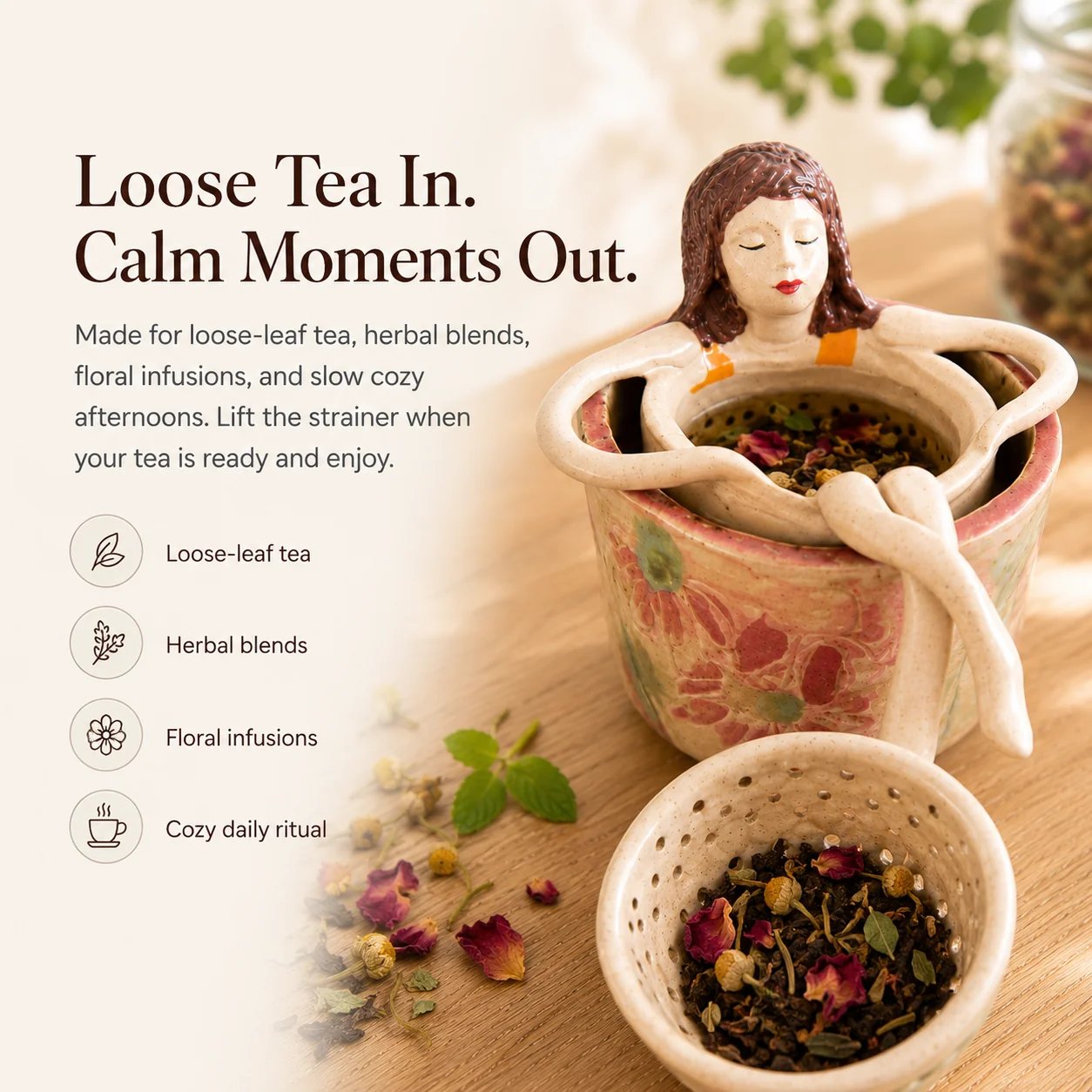 ☕🌿Whimsical Sitting Lady Ceramic Tea Strainer Collection