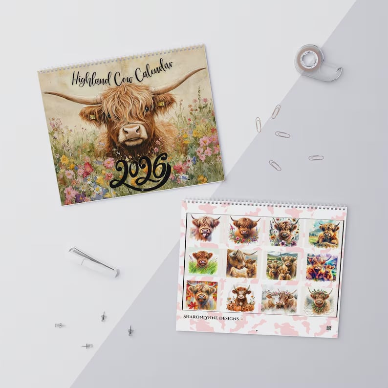 🐮Kalendarz Highland Cow 2026 – rustykalna dekoracja ścienna w stylu rustykalnym i miesięczny planner📅