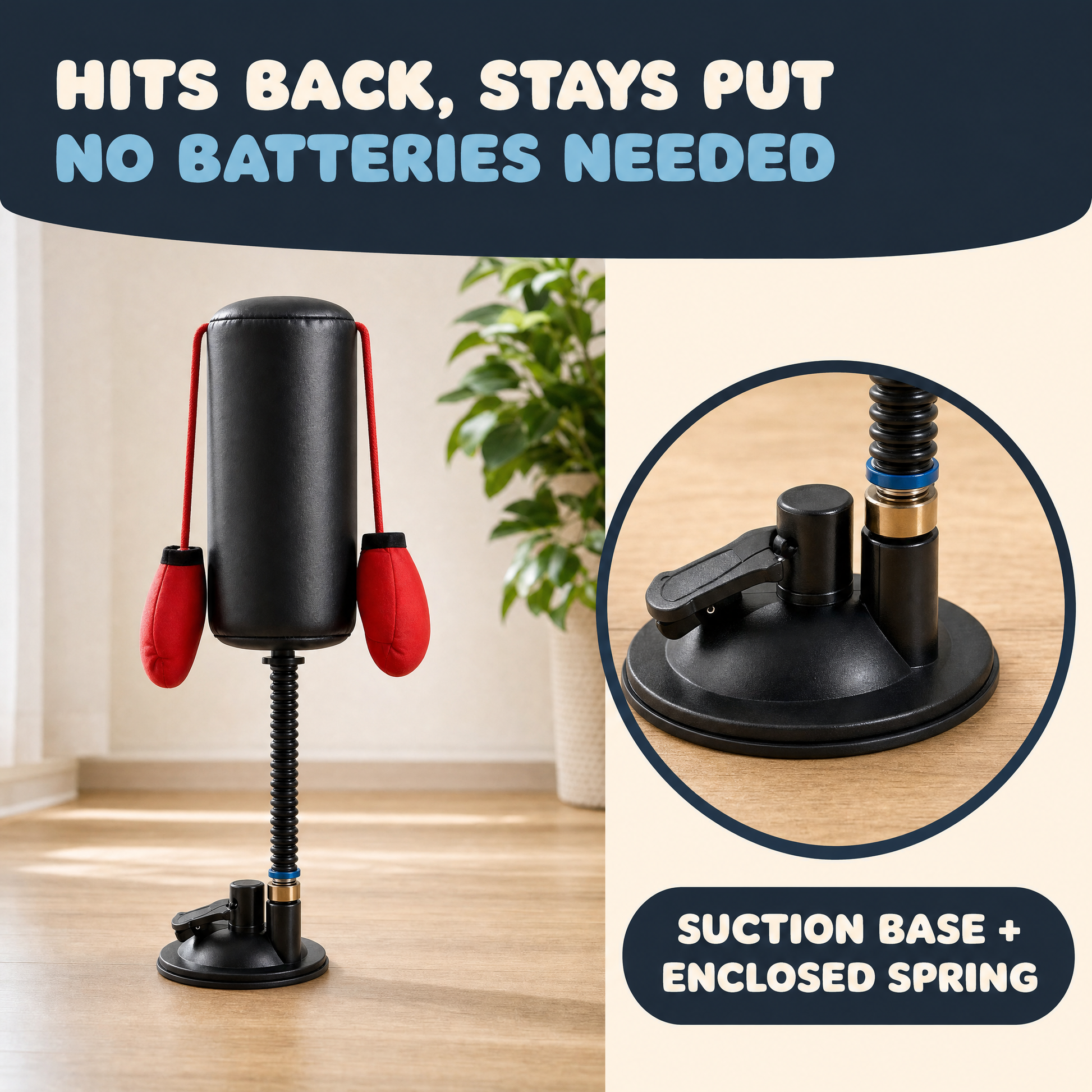 Hits back, stays put, no batteries needed — suction base and spring detail