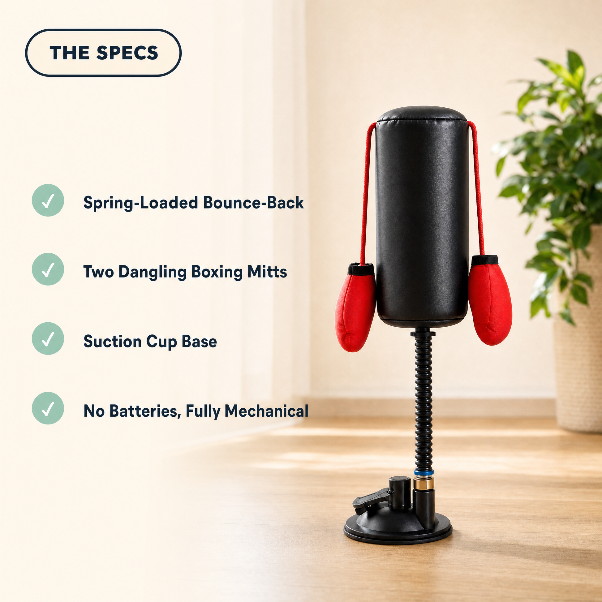 The specs — spring-loaded bounce-back, dangling mitts, suction cup base, no batteries