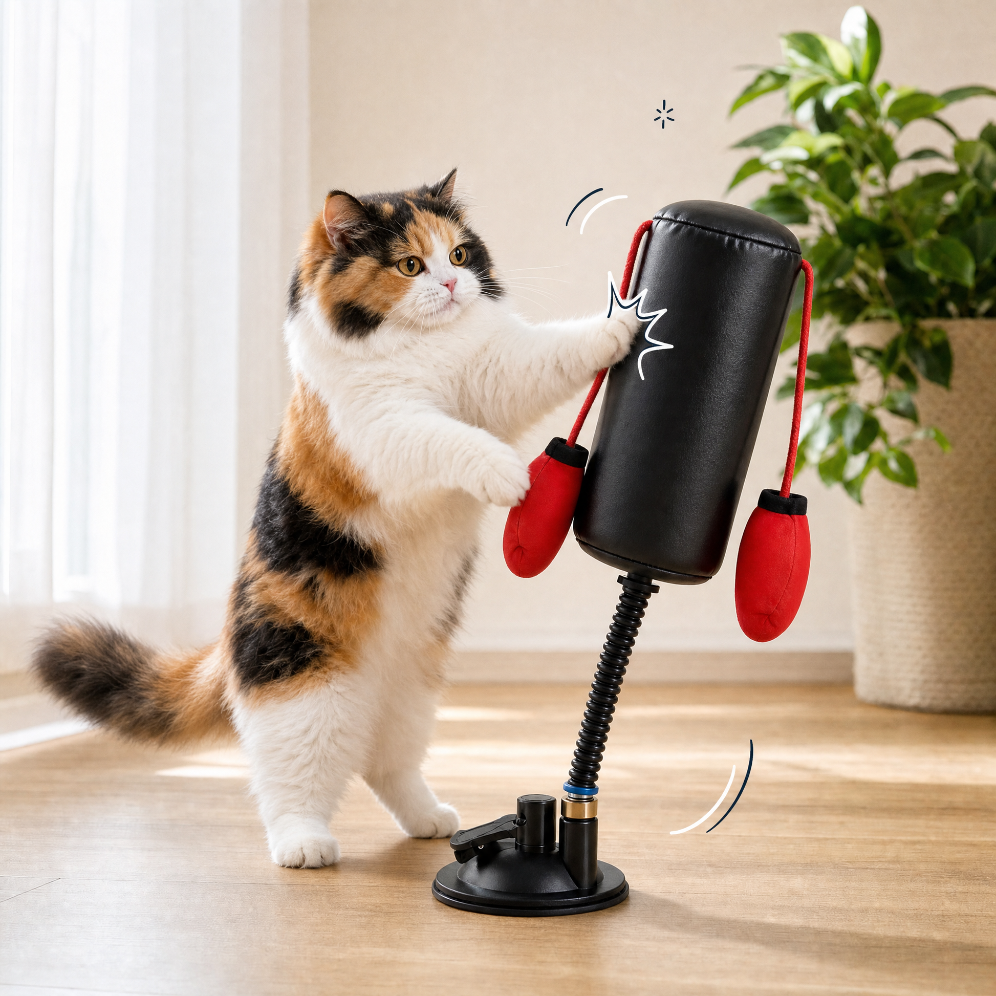 The Sparring Partner — cat throwing a jab at the punching bag