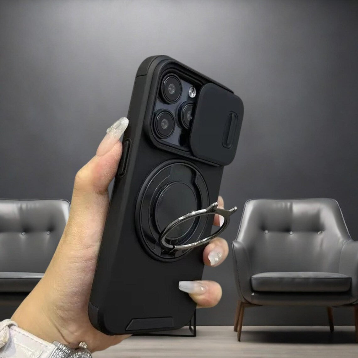 Case with Slide Camera Cover & Rotatable Ring Kickstand, Grade Shockproof Protective Case