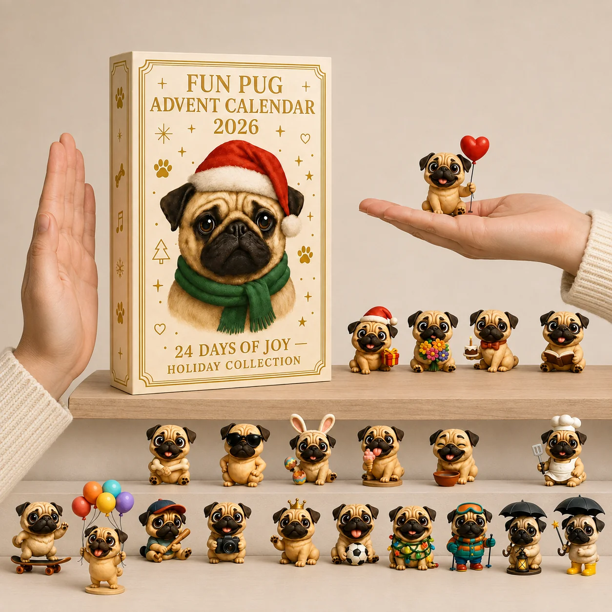 🐶24-Day Pug Advent Calendar 2026 – 24 Cute Pug Figurines Christmas Countdown