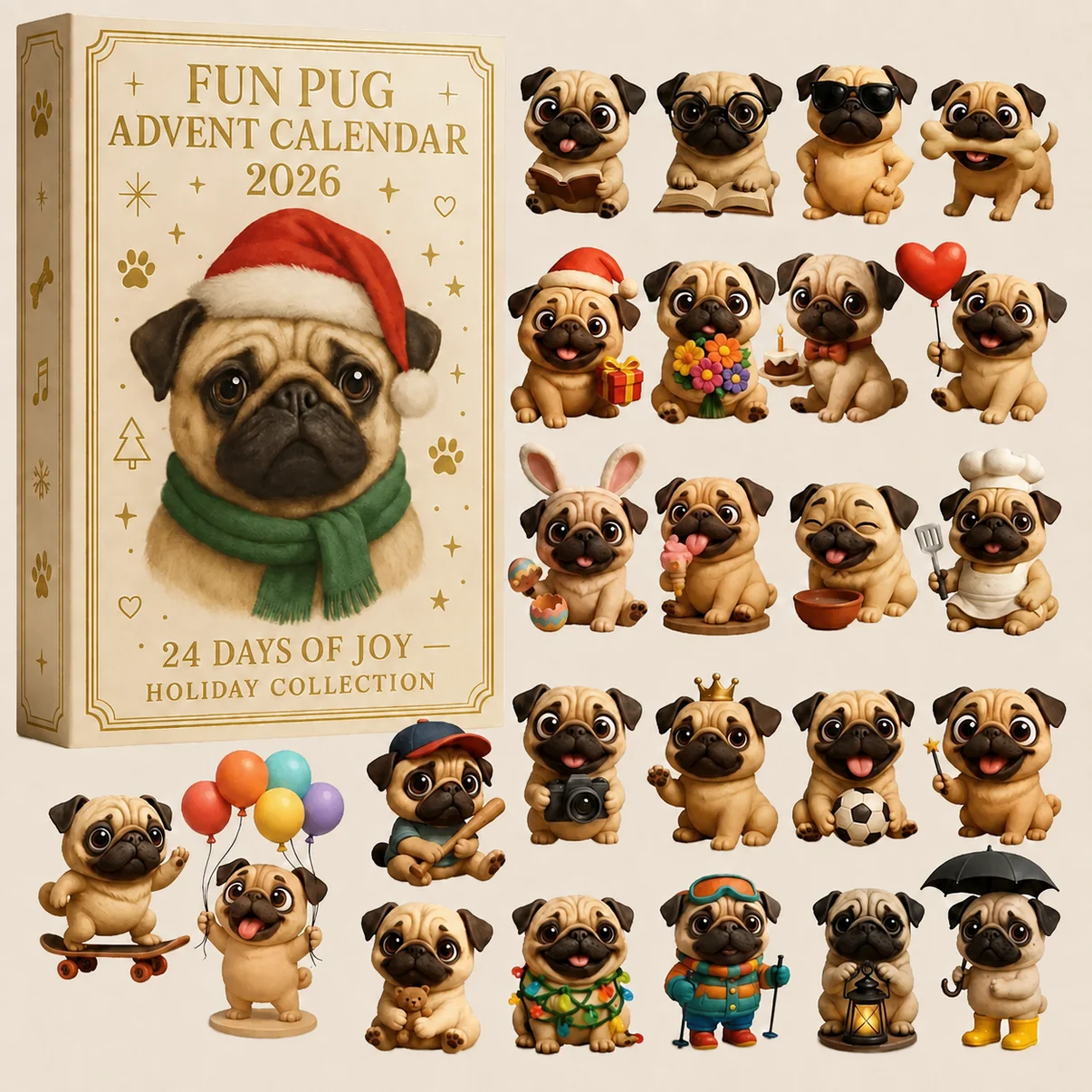 🐶24-Day Pug Advent Calendar 2026 – 24 Cute Pug Figurines Christmas Countdown