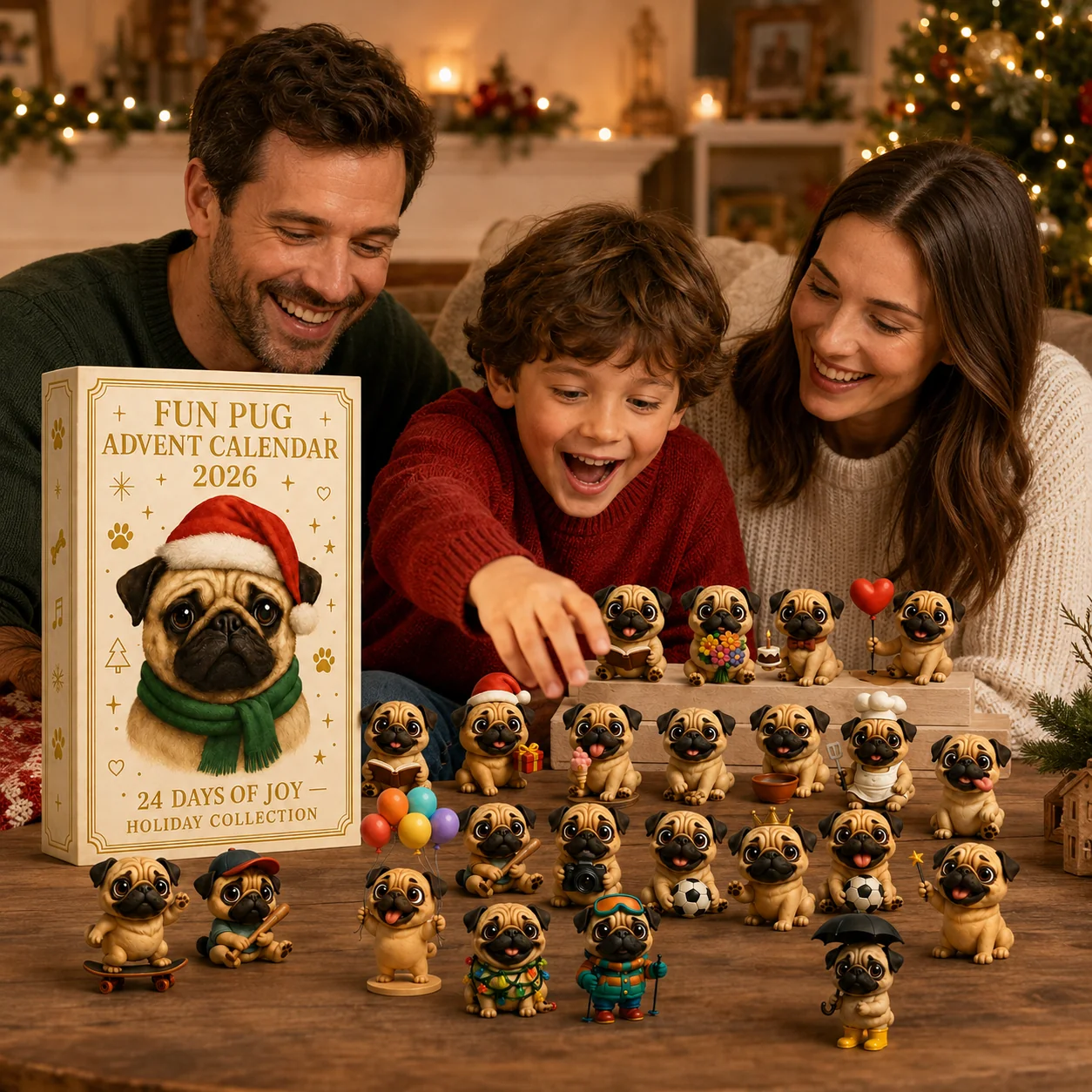 🐶24-Day Pug Advent Calendar 2026 – 24 Cute Pug Figurines Christmas Countdown