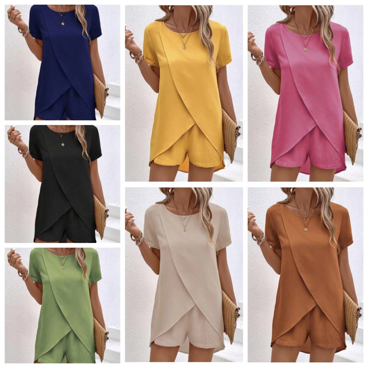 Women's Solid Color Irregular Top & Shorts Two Piece Set