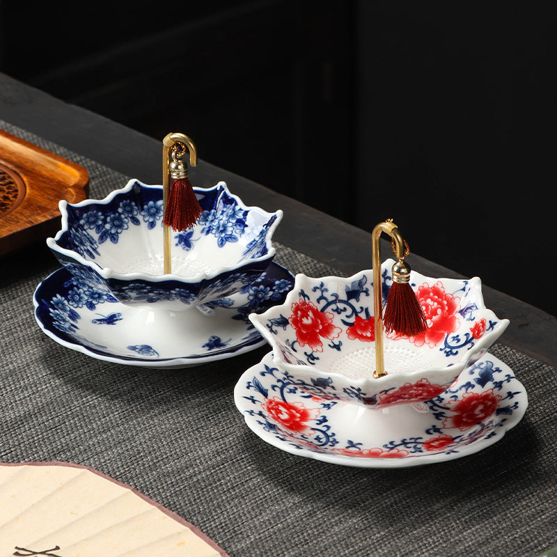 🍵✨ Elegant Umbrella Ceramic Tea Strainer — Copper Handle, Fine Mesh & Matching Saucer