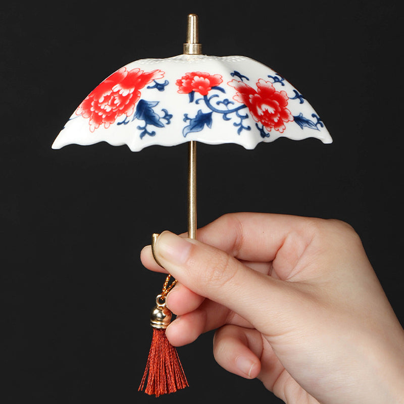 🍵✨ Elegant Umbrella Ceramic Tea Strainer — Copper Handle, Fine Mesh & Matching Saucer