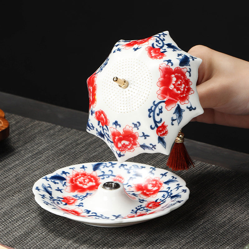 🍵✨ Elegant Umbrella Ceramic Tea Strainer — Copper Handle, Fine Mesh & Matching Saucer