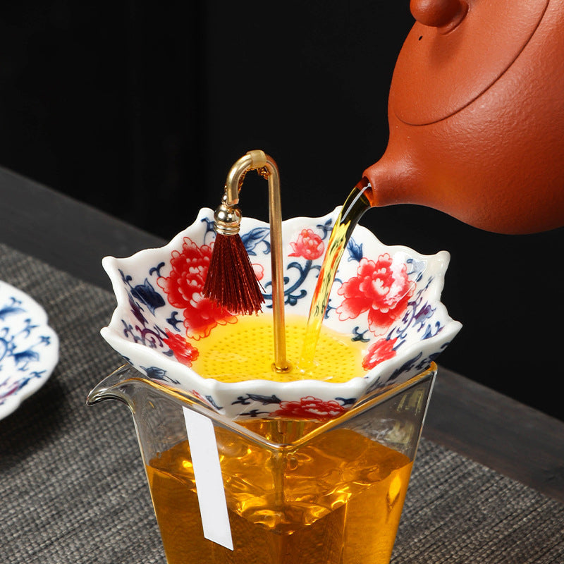 🍵✨ Elegant Umbrella Ceramic Tea Strainer — Copper Handle, Fine Mesh & Matching Saucer