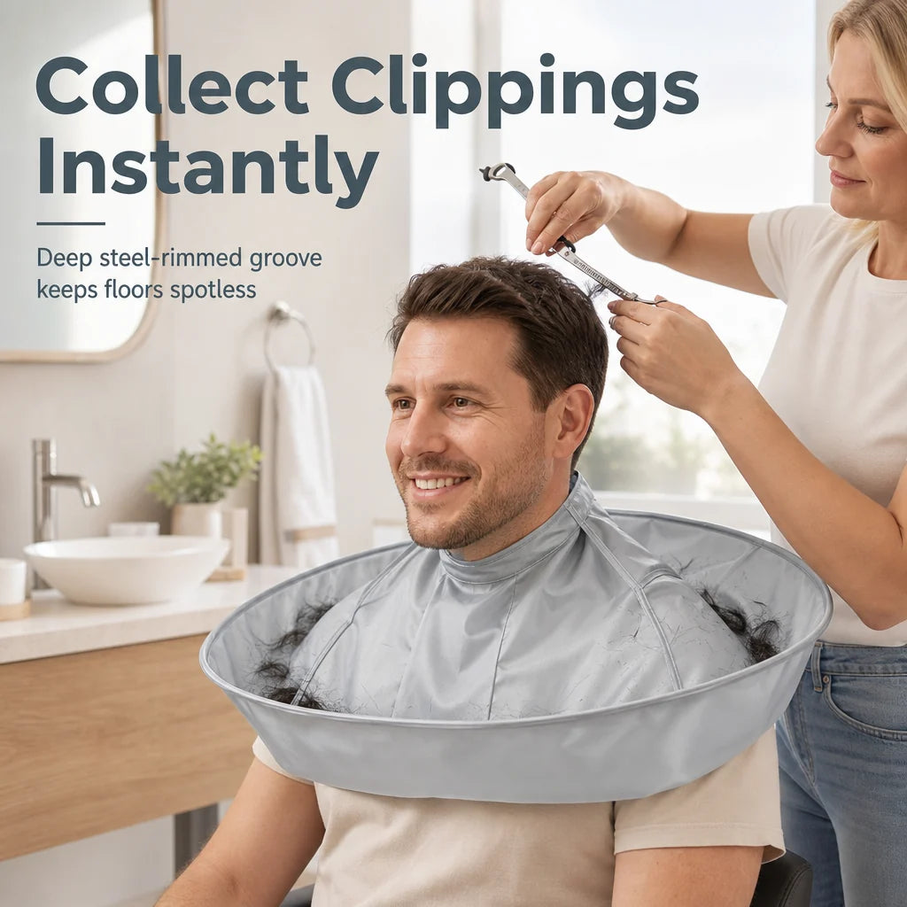 Hair Cutting Cape with Catcher – built-in groove traps clippings, no mess on clothes or floors. Waterproof, non-static, folds flat. Perfect for home trims & kids' cuts
