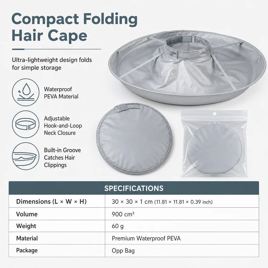 Hair Cutting Cape with Catcher – built-in groove traps clippings, no mess on clothes or floors. Waterproof, non-static, folds flat. Perfect for home trims & kids' cuts