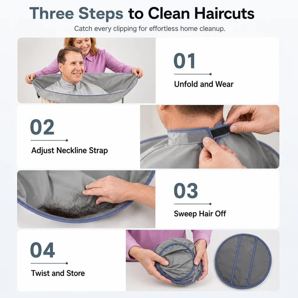 Hair Cutting Cape with Catcher – built-in groove traps clippings, no mess on clothes or floors. Waterproof, non-static, folds flat. Perfect for home trims & kids' cuts