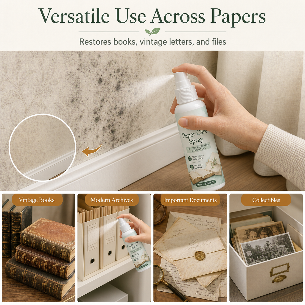 📚✨ Paper Mold & Mildew Stain Remover Spray – For Books, Pages & Documents